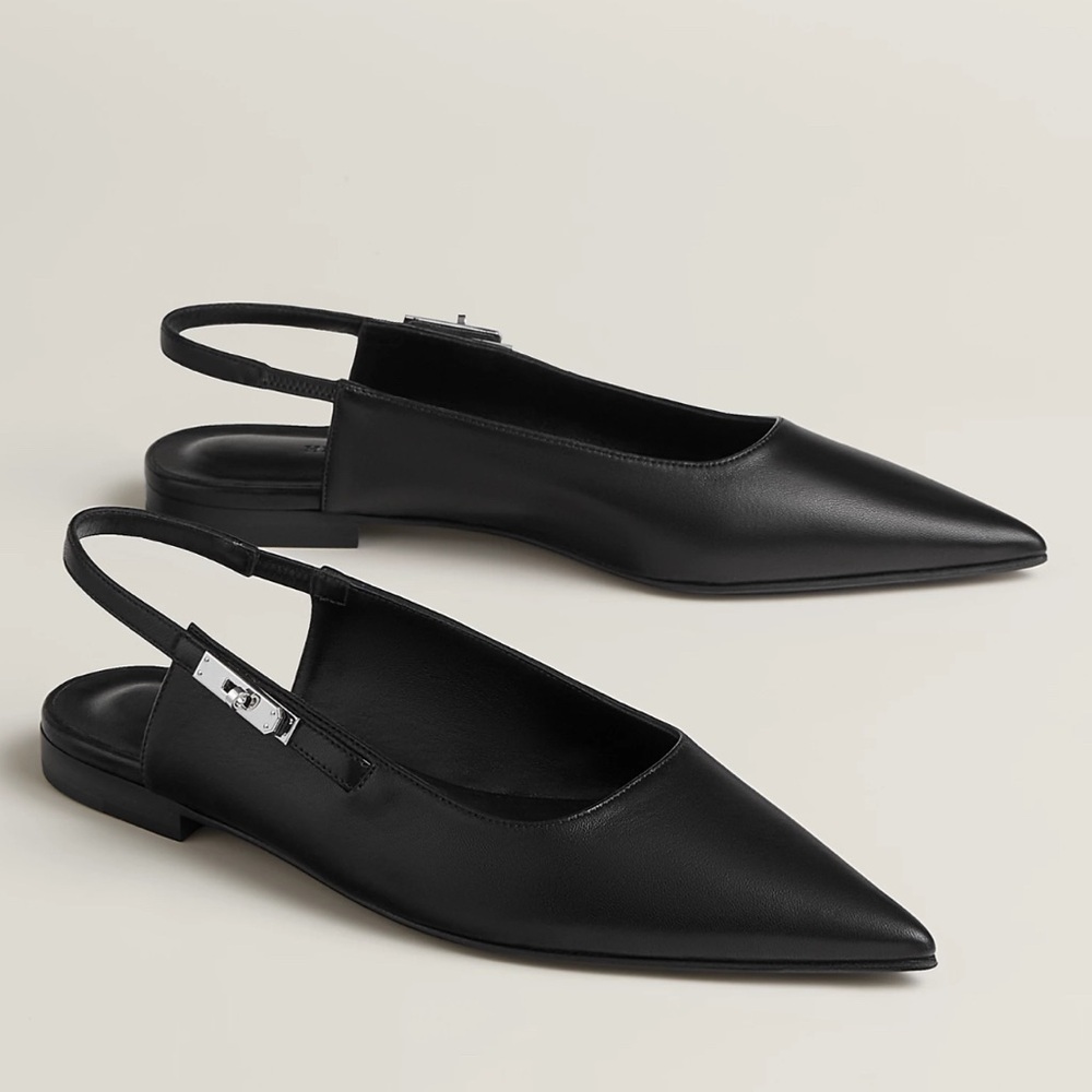 Hermes Black Lovlie Slingbsck Leather Slingback Flats - Picture 1 of 10